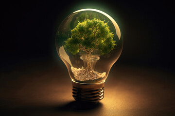 Eco-Friendly Innovation: Light Bulb with Green Tree and Energy Symbol. Generative AI