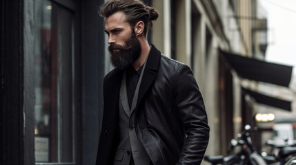 Obraz premium A modern and edgy urban style with a carefully shaped beard and a fashion-forward wardrobe Generative AI