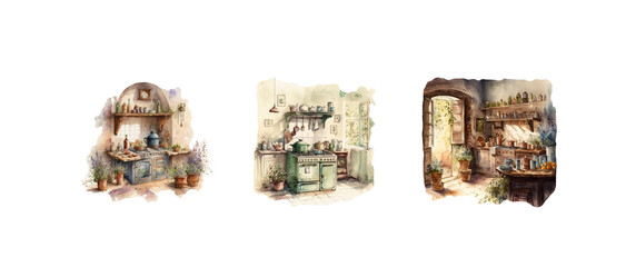 Watercolor Provence Kitchens Illustrations created with Generative AI technology
