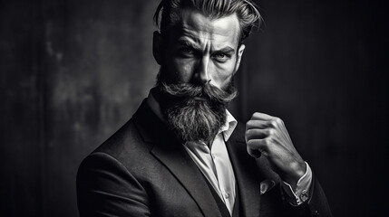 A striking portrait of a man with a well-maintained beard and a confident gaze, showcasing masculinity and charisma Generative AI - obrazy, fototapety, plakaty
