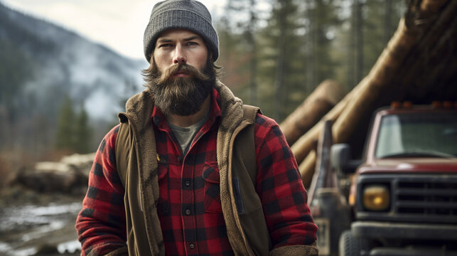 A rugged outdoorsman with a full beard and a flannel shirt, emanating a sense of adventure and masculinity Generative AI