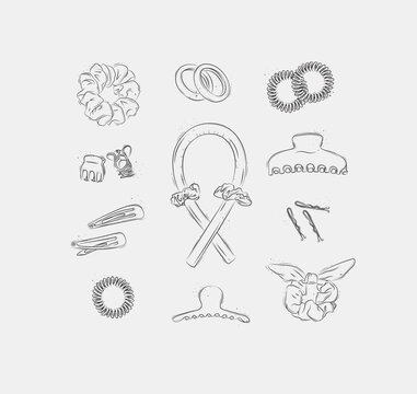 Elastic bands and hair clips collection drawing on light background