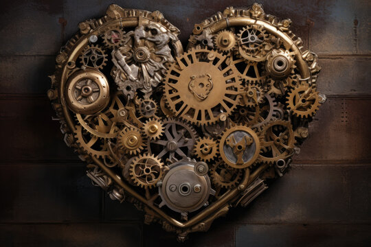 mechanical heart made up of intricate gears and cogs in gold and bronze, set against a backdrop of textured, worn metal, generative ai