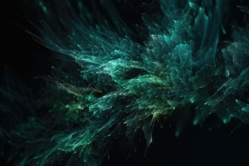 mesmerizing mix of sparkling green and blue particles swirling in a fluid motion on a dark background, generative ai
