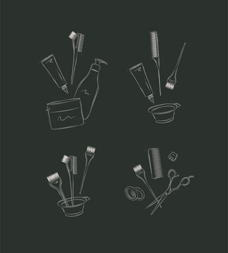 Hair dye tools and accessories compositions drawing on black background