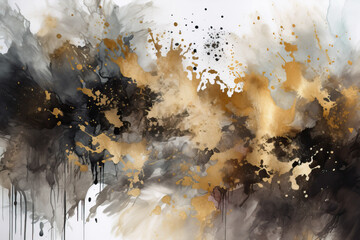 Metallic watercolor splatters in shades of gold, silver, and bronze with hints of black and white, generative ai