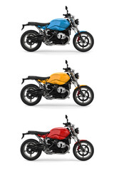 Set of three cool fast motorcycles in red, blue and yellow primary colors - side view