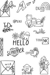 Cute love letters icons set in doodle style. Vector illustration