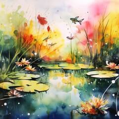 Fototapeta na wymiar A watercolor painting of a pond with water lillies. Generative AI image.
