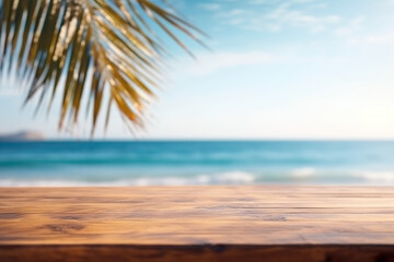 Fototapeta premium Empty table with out-of-focus beach background, summer vacation concept, IA generativa