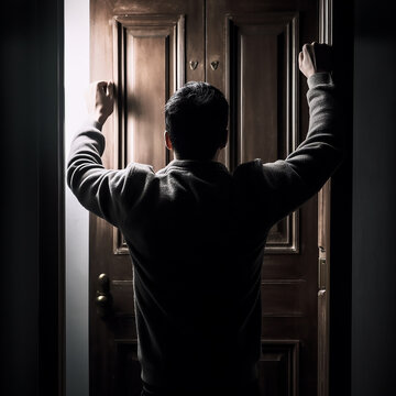 Man knocks on closed door with his fists, man wants to enter, concept of a senseless struggle, ai generative