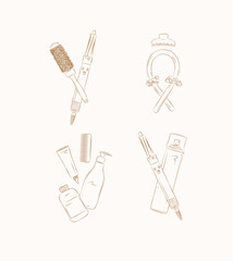 Curl syling tools composition drawing on brown background