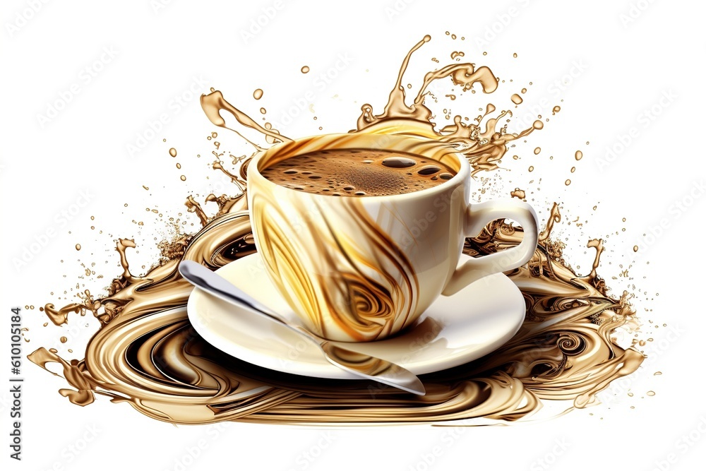 Poster cup of coffee with splash isolated on white background. generated by ai.