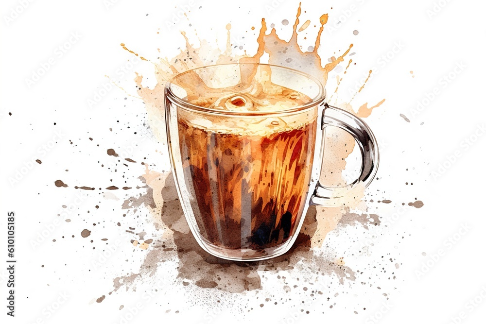 Poster cup of coffee with splash isolated on white background. generated by ai.