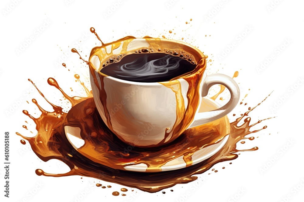 Poster cup of coffee with splash isolated on white background. generated by ai.