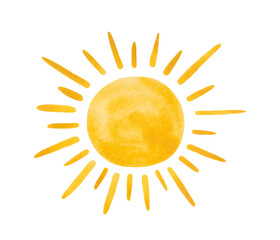 
Yellow, bright, watercolor sun as an element for design, isolated on a white background. Drawn by hand. For celebration and decoration.