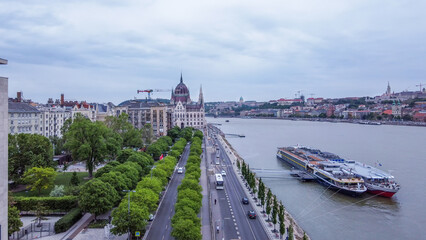 Fototapeta na wymiar View on Hungarian Parliament and Danube river and Royal palace (on Buda side) in Budapest