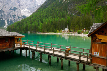 Fototapeta premium Braies Lake in Dolomites mountains, Sudtirol, Italy. Lake Braies is also known as Lago di Braies.