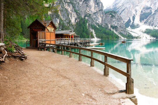 Summer scenic view of Braies Lake in Dolomites mountains, Sudtirol, Italy. Lake Braies is also known as Lago di Braies.	