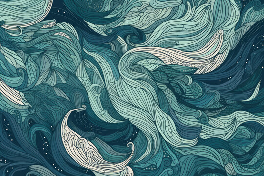 Organic and intricate hand-drawn lines creating a mesmerizing abstract pattern in cool shades of blue and green, generative ai