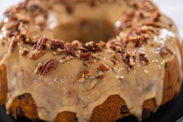 Chocolate pumpkin bundt cake with toffee glaze