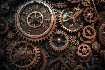 Fototapeta na wymiar ornate steampunk clock face made up of gears and cogs in a metallic palette of bronze and copper, generative ai