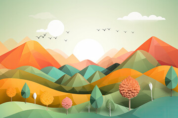 paper cutout landscape with rolling hills, trees, and a bright sun shining in the sky, generative ai