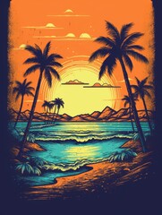 Summer, beach, illustration, retro design. Print for T-shirts. Generative AI.