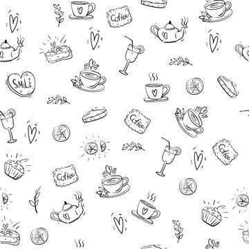 Seamless pattern with food elements in the form of painted cakes and cups of tea, coffee and cookies, twigs and coffee.