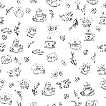 Seamless pattern with food elements in the form of painted cakes and cups of tea, coffee and cookies, twigs and coffee.