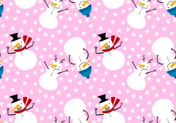 Christmas cartoon snowman seamless snowflakes and penguin and gifts box and candy and socks and gloves pattern