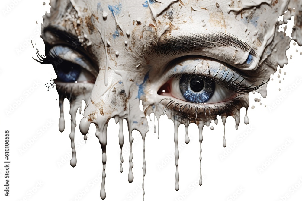 Poster dripping face of a man isolated on white background. generated by ai.