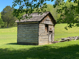 Cabin at Cumberland Gap National Historical Park in Middlesboro, Kentucky. Small wood cabin with...