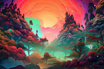 Fototapeta na wymiar Psychedelic landscape with a mystical forest of neon-colored trees and mountains shrouded in misty psychedelic clouds, generative ai