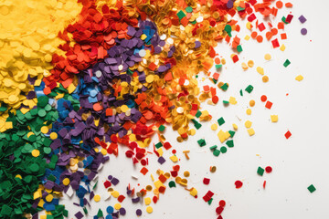 Rainbow confetti burst on a white background, symbolizing diversity, inclusivity and joy, generative ai