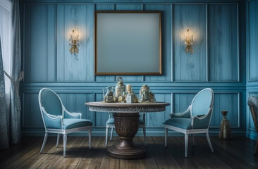 Vintage beach house wooden blue white interior. Generative AI