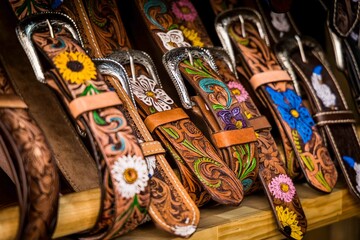 Cowboy leather belts in Saddlery, footwear and accessories business, outfit, clothes, calzado ,Brown Brown color, color
