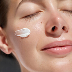 Skin care Cream smear. Beuaty close up portrait of young woman with a healthy glowing skin is...