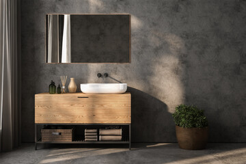 minimalist bathroom interior, concrete floor and wall, bathroom cabinet, bathtub. 3d Rendering