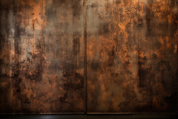 Rustic and earthy brushed metal wallpaper with warm tones of copper and bronze, resembling a weathered industrial facade, generative ai