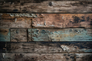 Rustic and weathered wooden planks with chipped paint and rough edges, perfect for a vintage and distressed wallpaper, generative ai