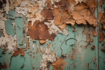 Rustic wallpaper featuring a close-up of peeling paint on a rusty metal surface with shades of green and brown, generative ai