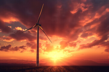 Fototapeta na wymiar Renewable energy scene, Wind turbine silhouetted against a stunning sunset Generative AI