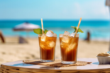 Two tall glasses of iced coffee or ice tea with ice and straws on the table on sandy tropical beach , summer vacation refreshment. High quality photo Generative AI