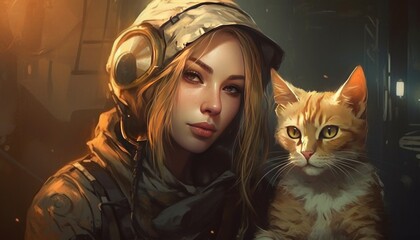 Portrait of warrior man or warrior woman living in the future with cat on battlefield. Generative Ai