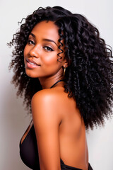 African american girl with long and shiny wavy hair on white background. Beautiful model with curly hairstyle. Generative AI.