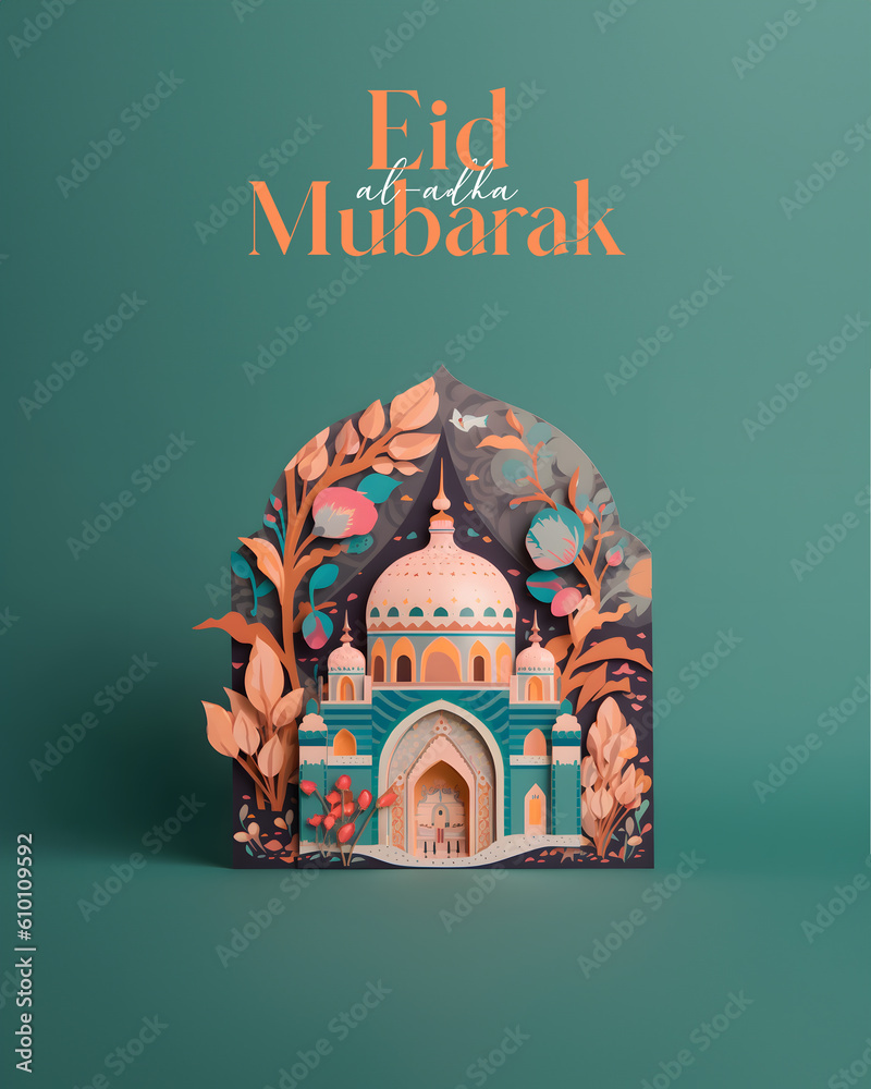 Wall mural islamic greetings eid al adha mubarak social media post 3d realistic style, generative ai