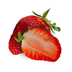 Juicy strawberries with half sliced isolated on white background.