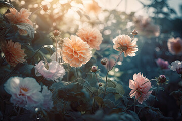 Soft and delicate light leaks in a floral wonderland, generative ai