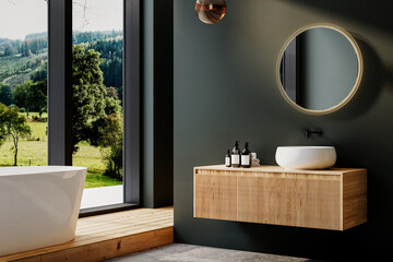 Modern bathroom interior with parquet and concrete floor, white sink, round mirror, white bathtub,...